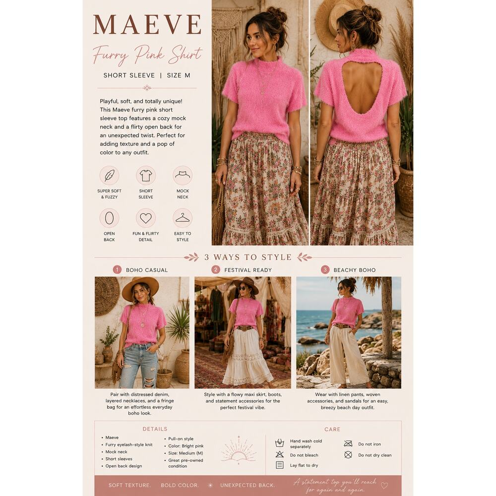 Maeve Furry Pink Top SZ M Open Back Eyelash Knit Mock Neck Boho Anthropologie